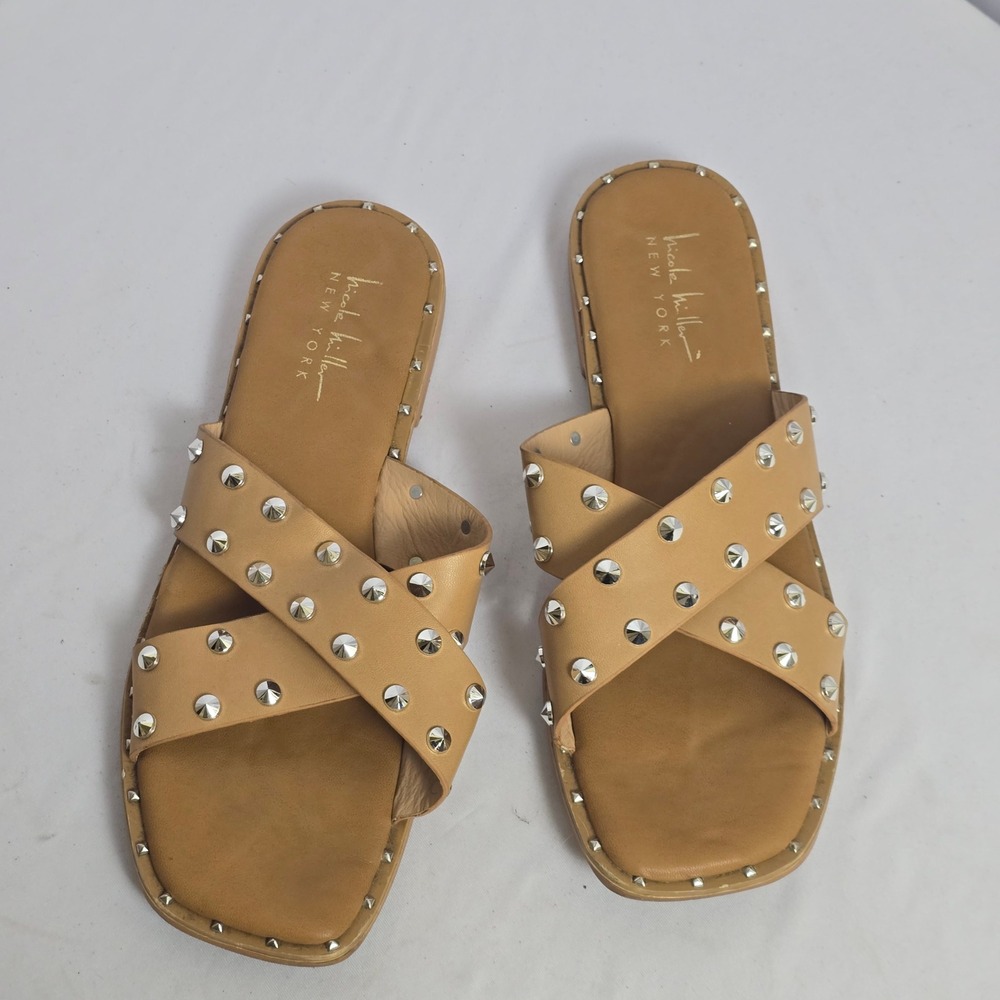 Nicole Miller New York Geraldine Tan Studded Crisscross Slide Sandals Womens 9